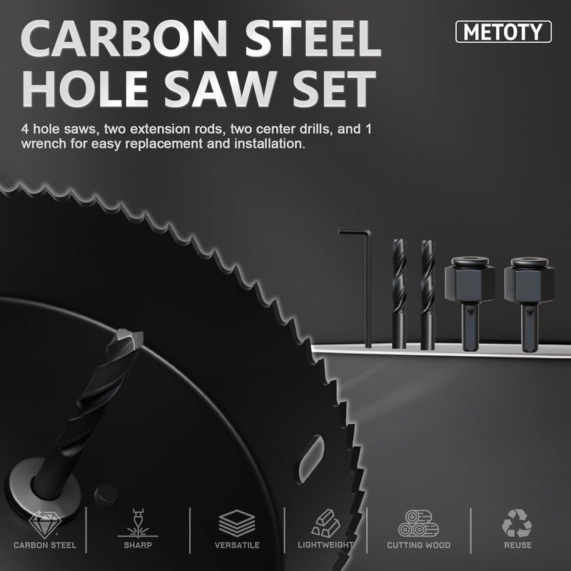 METOTO طقم مناشير ثقوب 9 قطع (1-1/4" إلى 2-1/8"|32-54 مم) مع عمود ومستلزمات قطع للأخشاب اللينة، لوح PVC ومشاريع منزلية - Image 3